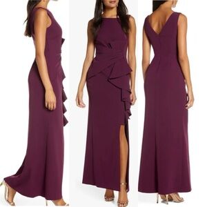 NWT Eliza J Cascading Ruffle Gown In Wine